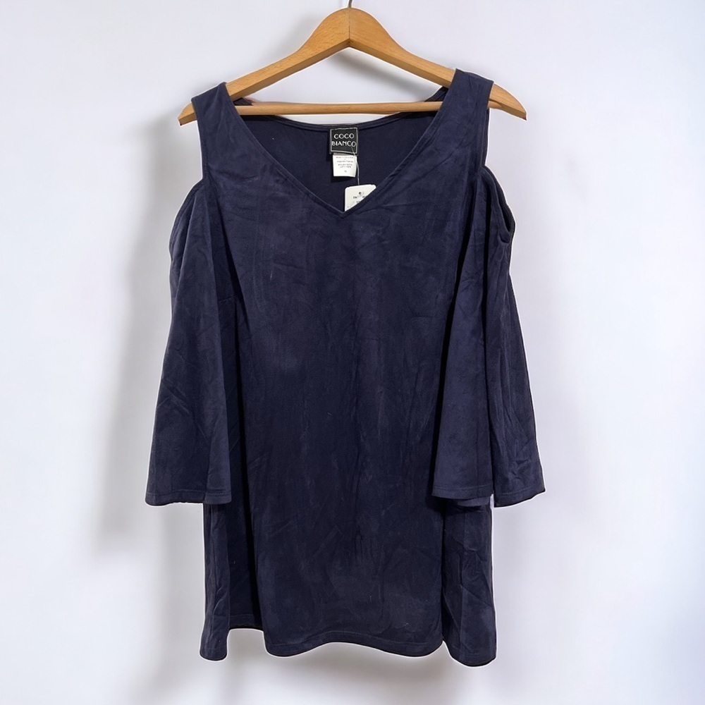 COCO BIANCO Women’s Size XL Velour Cold Shoulder V-Neck Top Blue